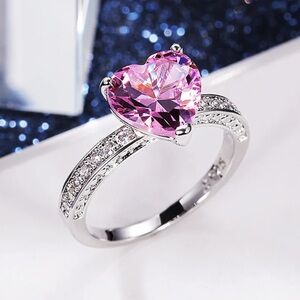 Pink Heart Crystal Silver Ring